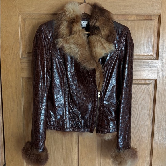 EUVC VTG Fur Collar Cuffs EMBOSSED CROC TEXTURED LAMB Zip LEATHER JACKET S M 6 8 - Picture 5 of 17